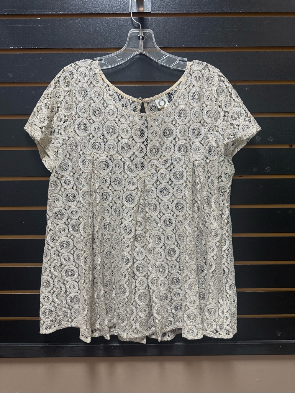 Akemi + Kin Metallic Lace Babydoll Top Size L Beige Silver Crochet